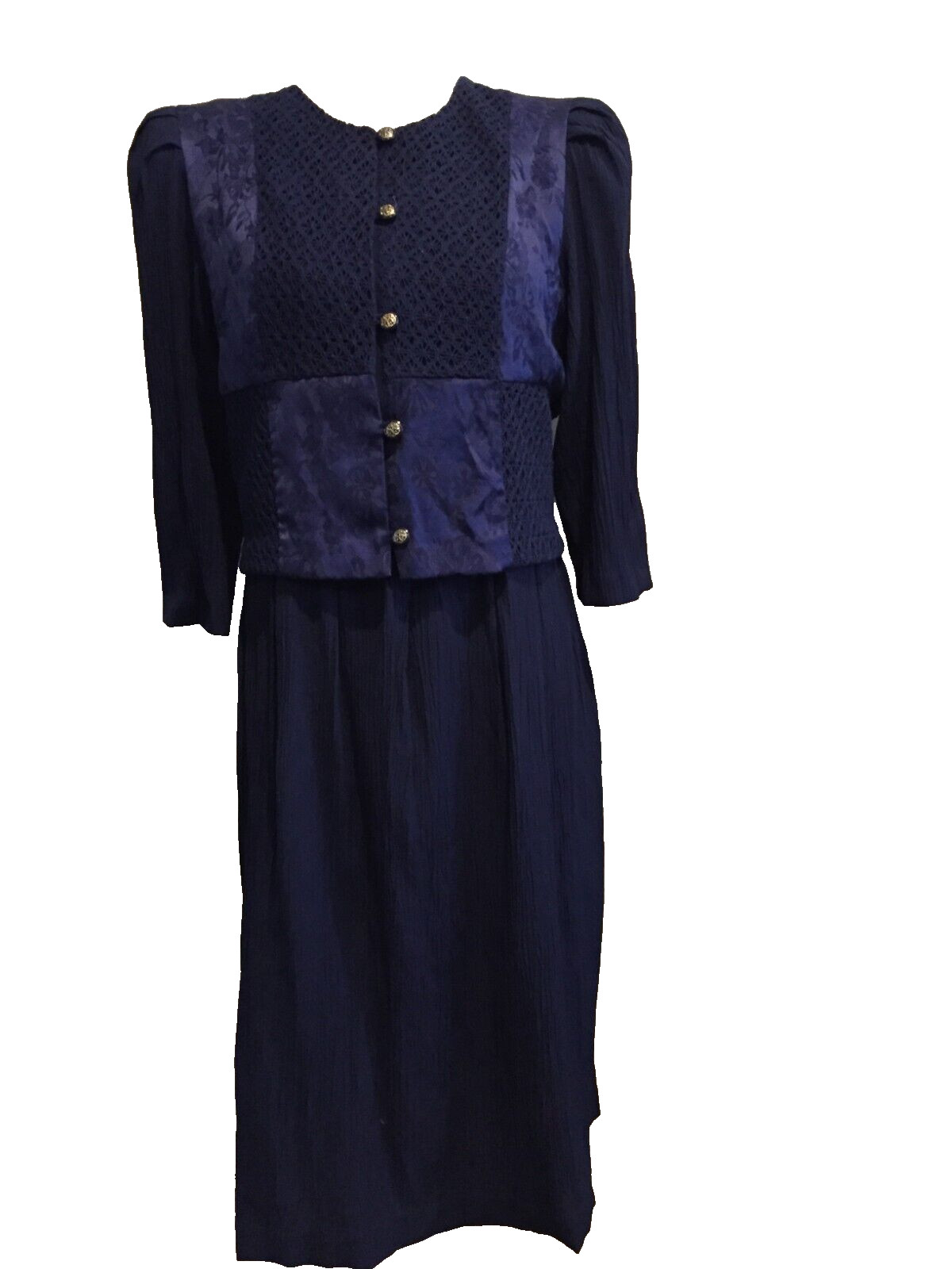 Miss Dorby Dress, Petite SZ 12P, Tie Back, Crochet Shoulder pads Zip Vintage 80s