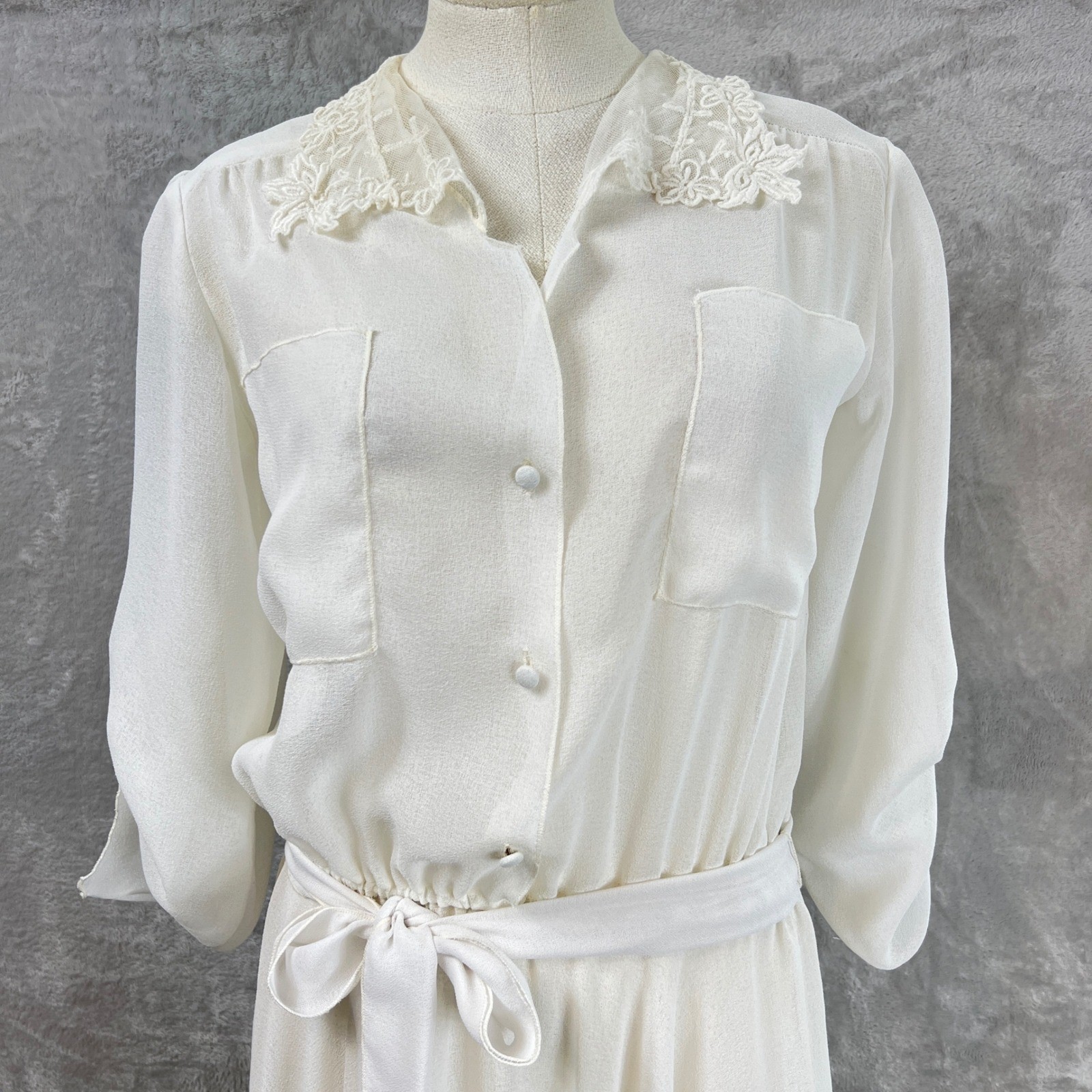VTG 80s Strauss by Bonnie White Sheer Lace Collar Midi Dress Sz 5/6 modern S/M