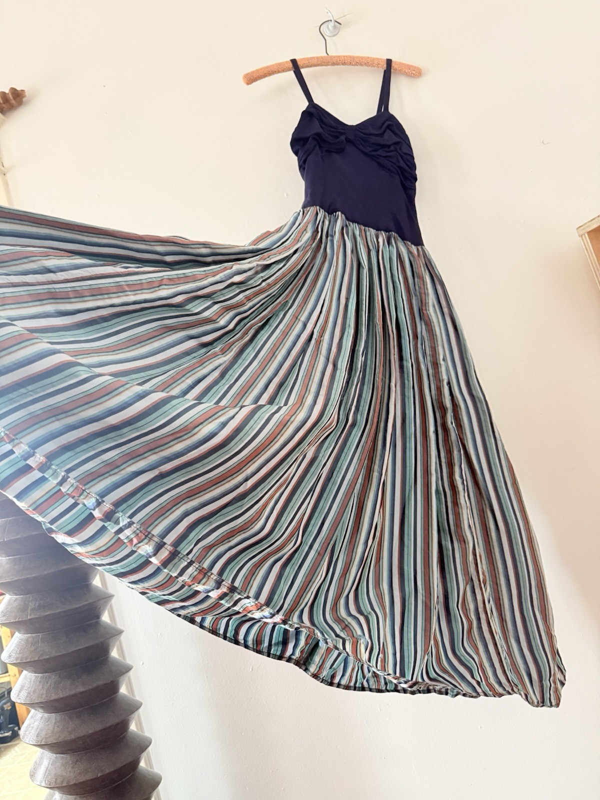 Vintage 40s Rayon Maxi Dress Ruched Bodice Colorful Striped Full Sweep Skirt XXS