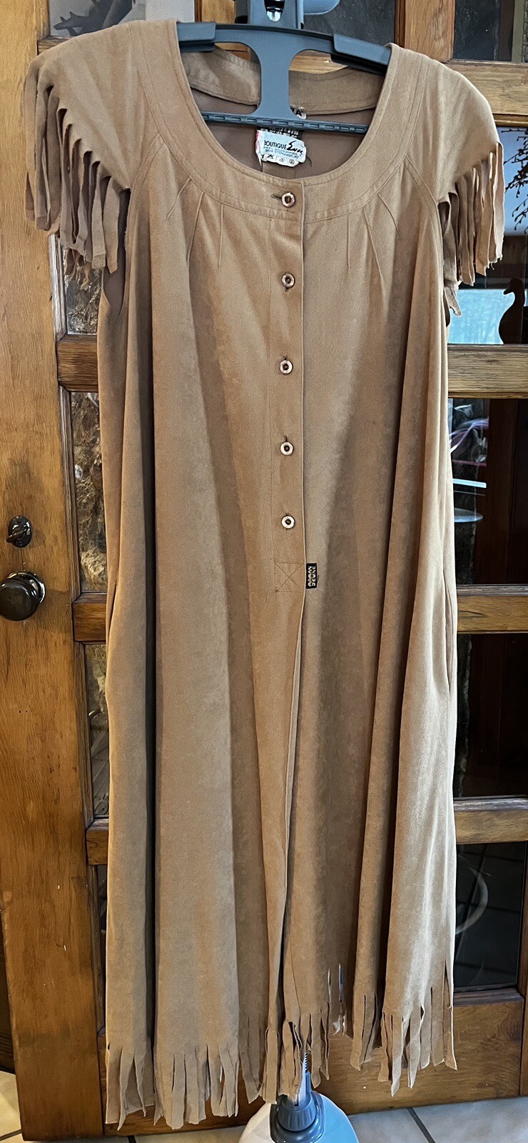 Vintage Boho Fringed Suede European Boutique Midi Dress Cap Slv Flare W Euro 38