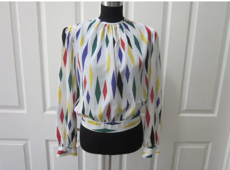 VTG 80’s LLOYD WILLIAMS White w/ Multi Color Diamond Print Long Sleeve Shirt 8