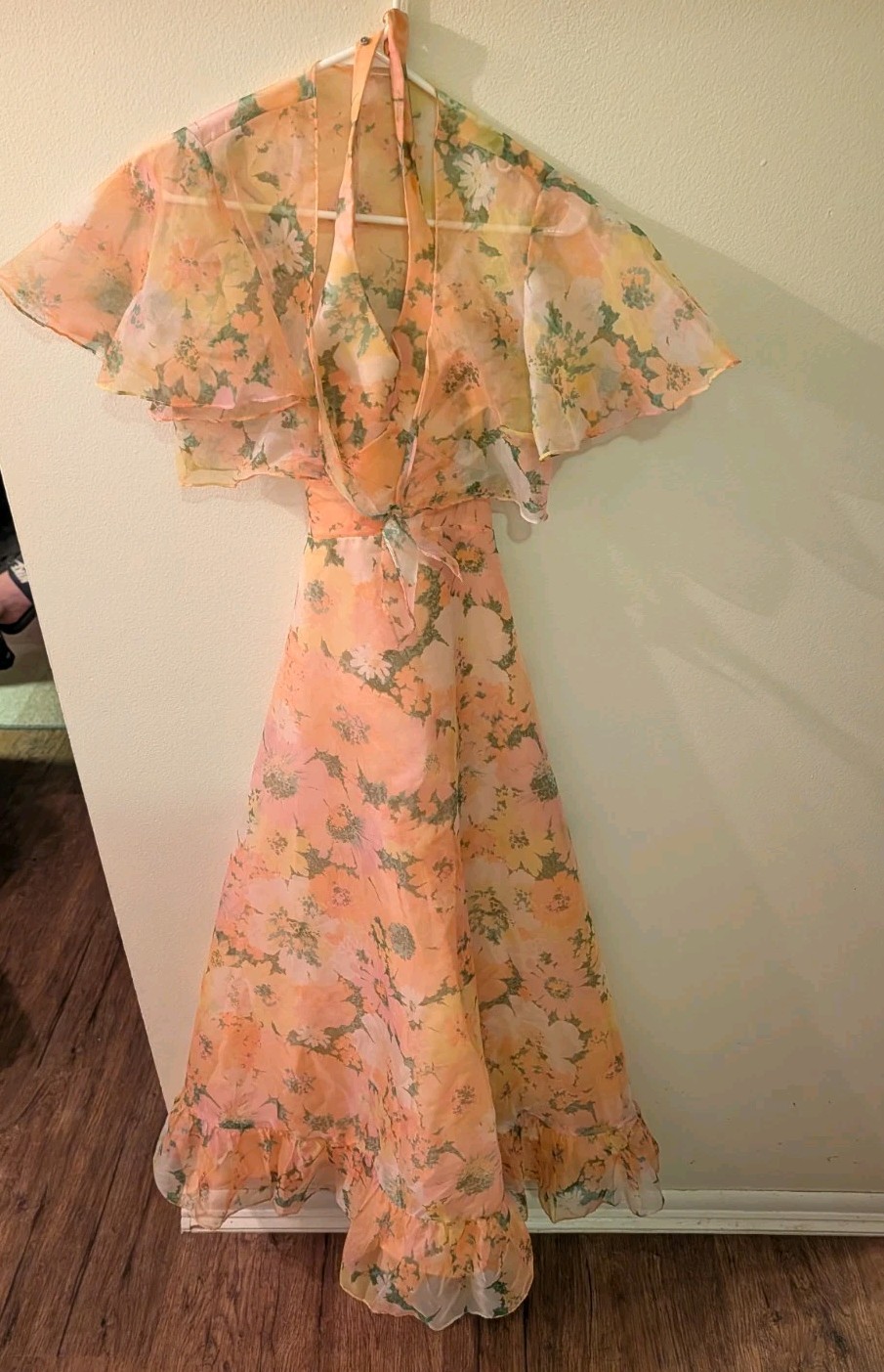 Vintage 1960’s Floral Chiffon Halter Maxi Dress W Cape Sz 7 Union Made.Cottage