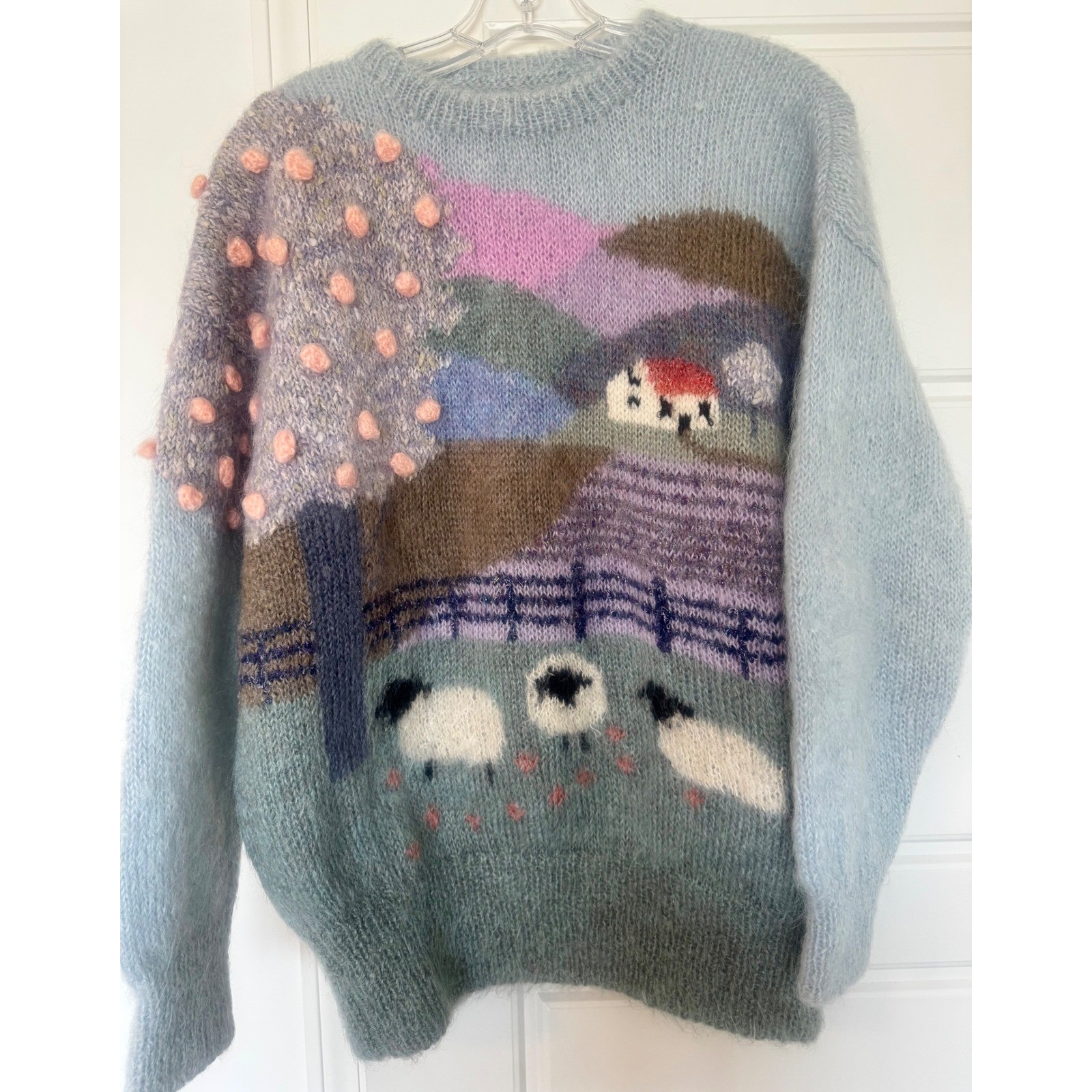 Vtg 80s SUSIE LEE Mohair Sheep Sweater Hand Knit Pastel Cottagecore Landscape L