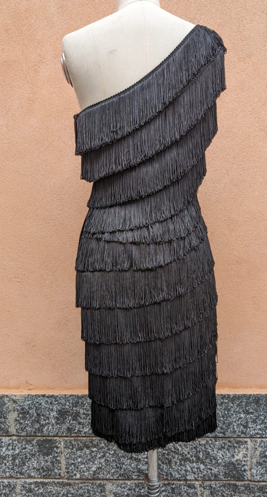SHIMMY & SHAKE VINTAGE 1960’S CEIL CHAPMAN LOOP FRINGE ONE SHOULDER WIGGLE DRESS