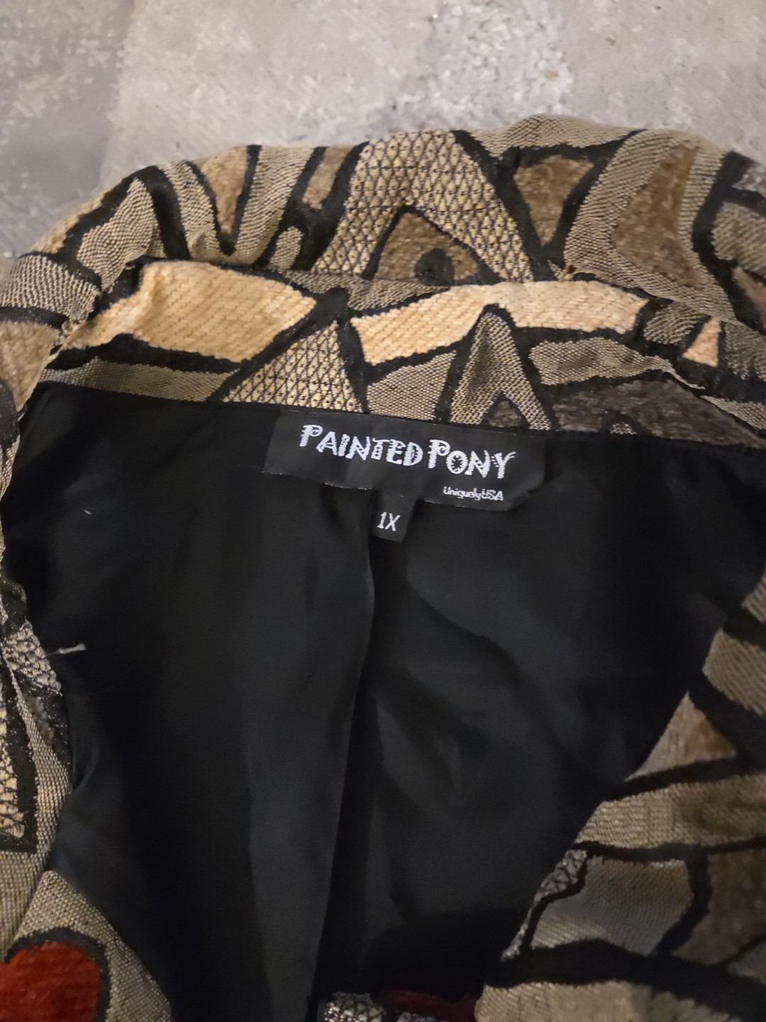 Vintage Painted Pony Open Front Jacket Artsy Textile Geometric USA Made Size 1X