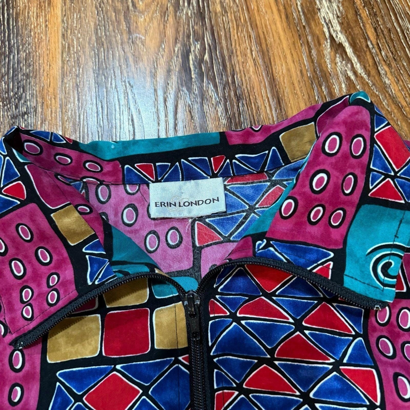 Erin London Vintage Geometric Patchwork Zip Bomber Jacket Multi Color Womens XL