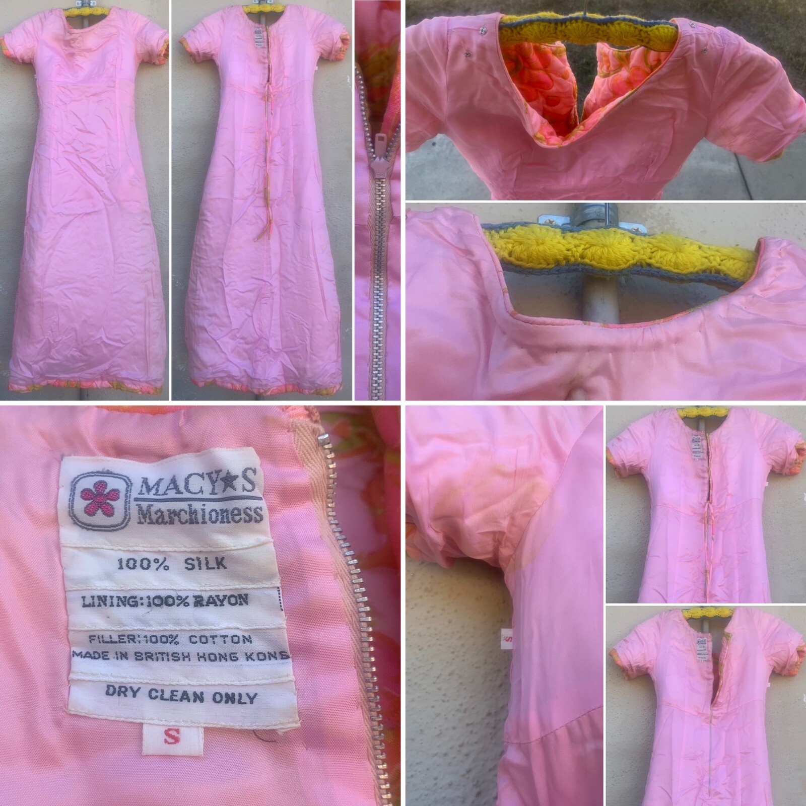 1960s Silk Floral Maxi Dress Macys Marchioness Pink Multicolor Hong Kong S
