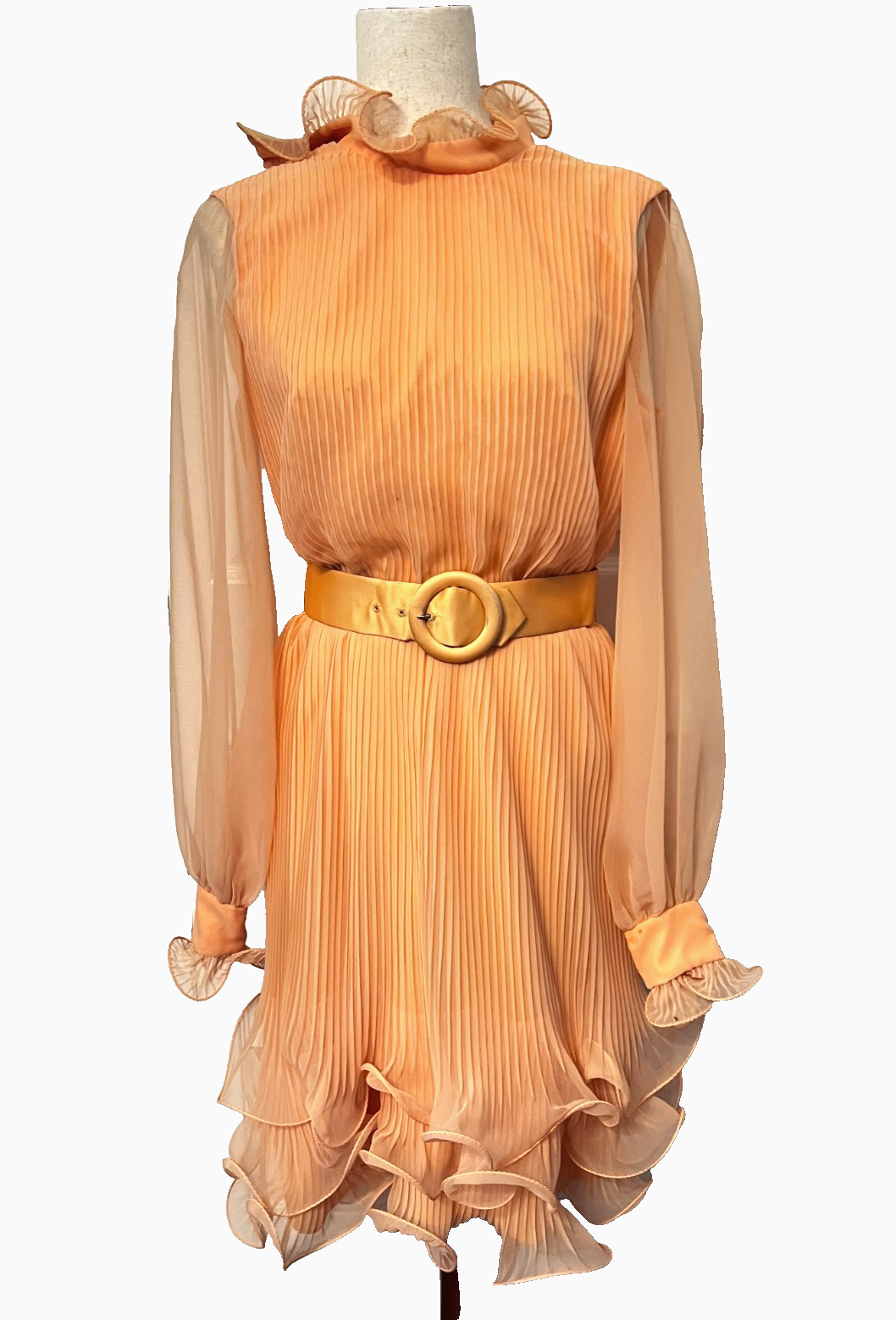 Vtg MISS ELLIETTE Dress Pleated Chiffon Orange Peach Cocktail Party Ruffle Hem
