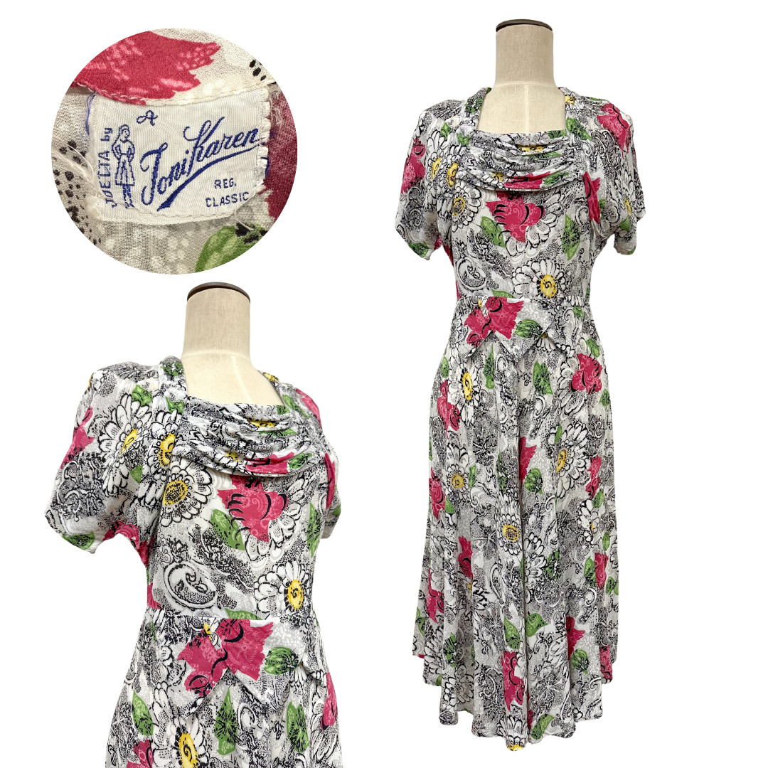 Vintage 1940s Joni Karen Floral Pointed Peplum Ruched Bodice Day Dress