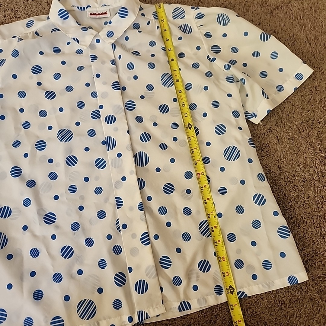 Vtg 70s Judy Bond Sheer Polka Dot Short Sleeve Blouse Dopamine Bright Button-Up