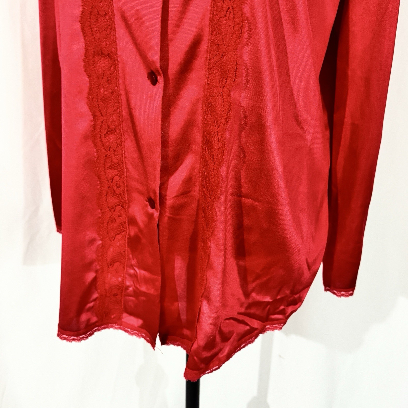 VTG NANCY KING Lingerie Bed Jacket Blouse Sz M Red Lace Peter Pan Collar Sleeves
