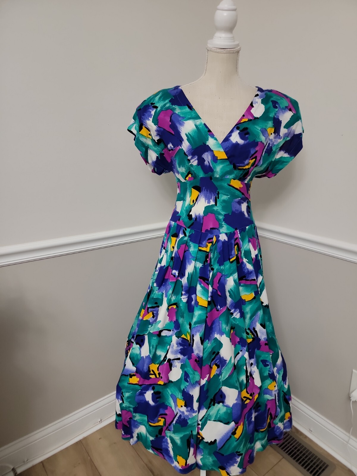 VTG’80s R.E.O Abstract Pattern Tea Garden Dress / Puff Shoulder Rockabilly