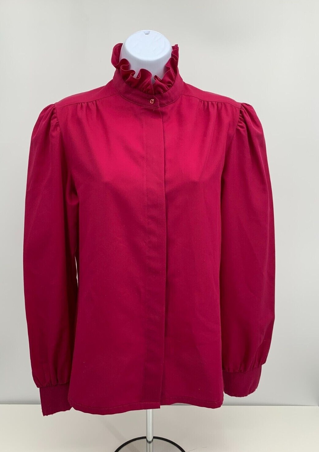 Vintage Judy Bond Button Up Purple / Red Blouse High Collar Ruffle Front Size 12