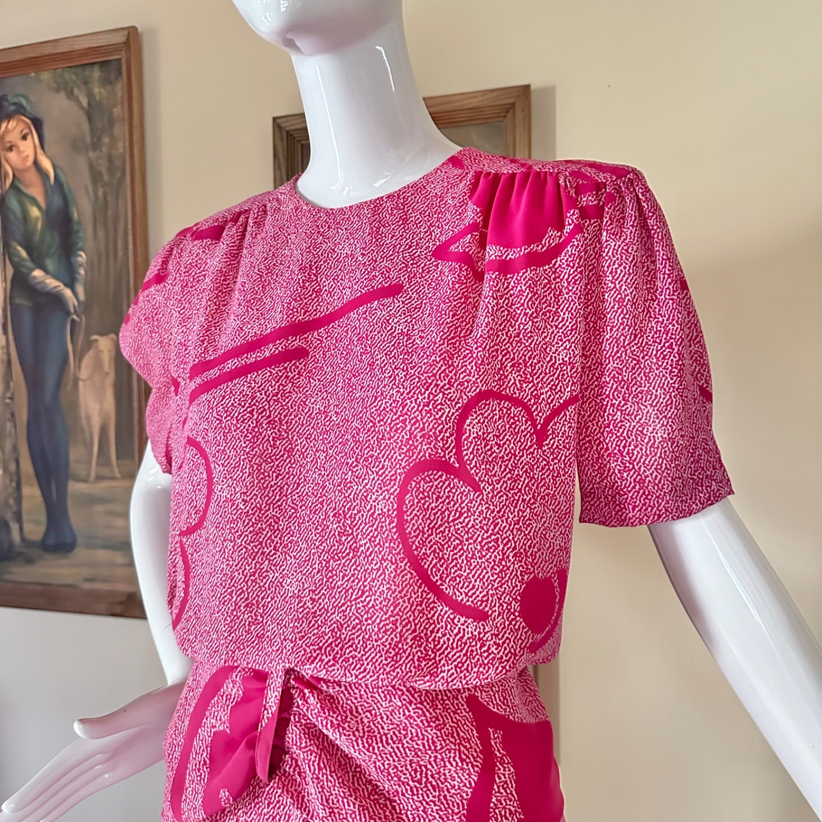 Vintage 1980s New Wave Cartoon Hearts Blouson Peplum Short Sleeve Day Dress M