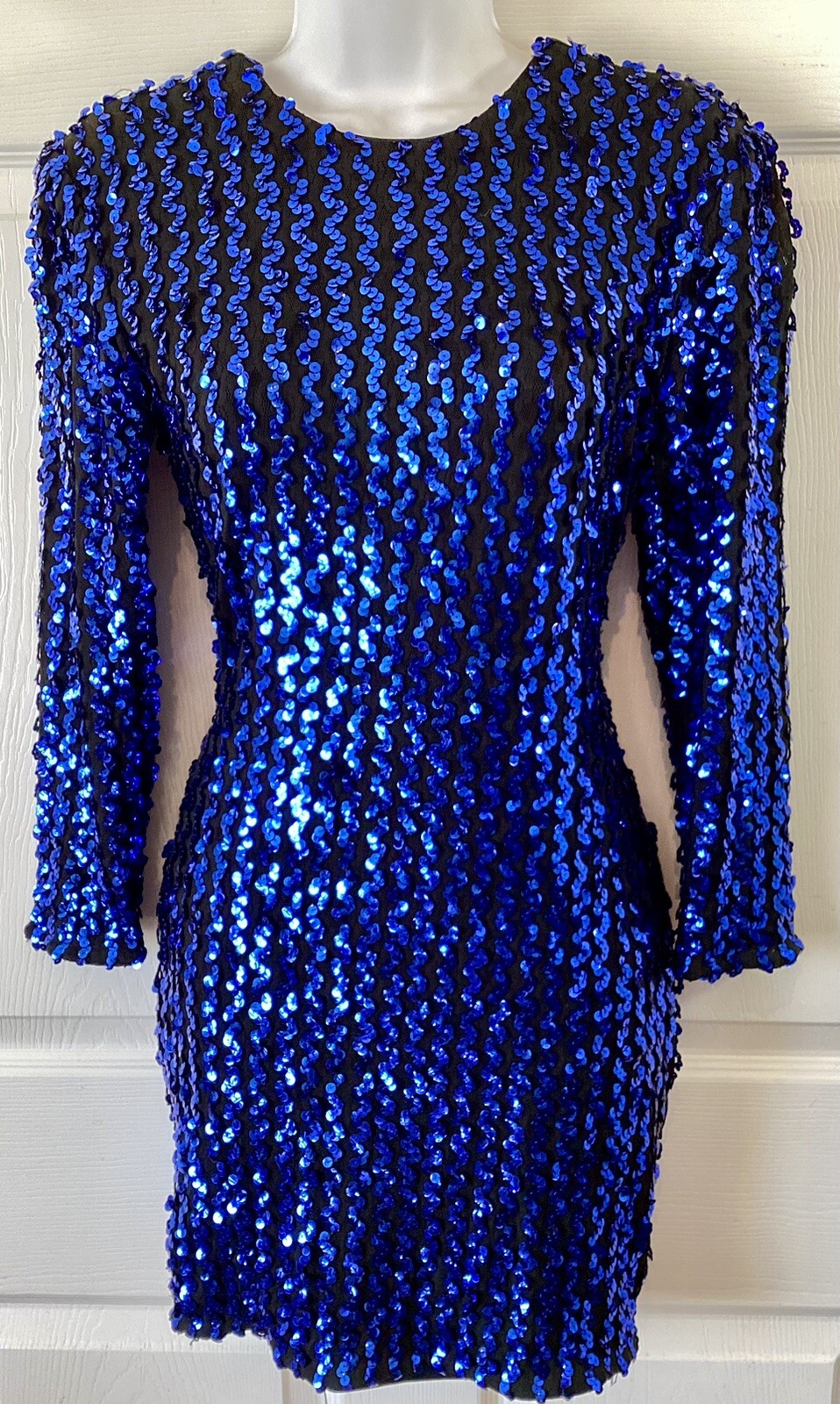Vintage 90s Karen Okada Climax Blue Sequin Lace Long Sleeve Mini Dress~5/6