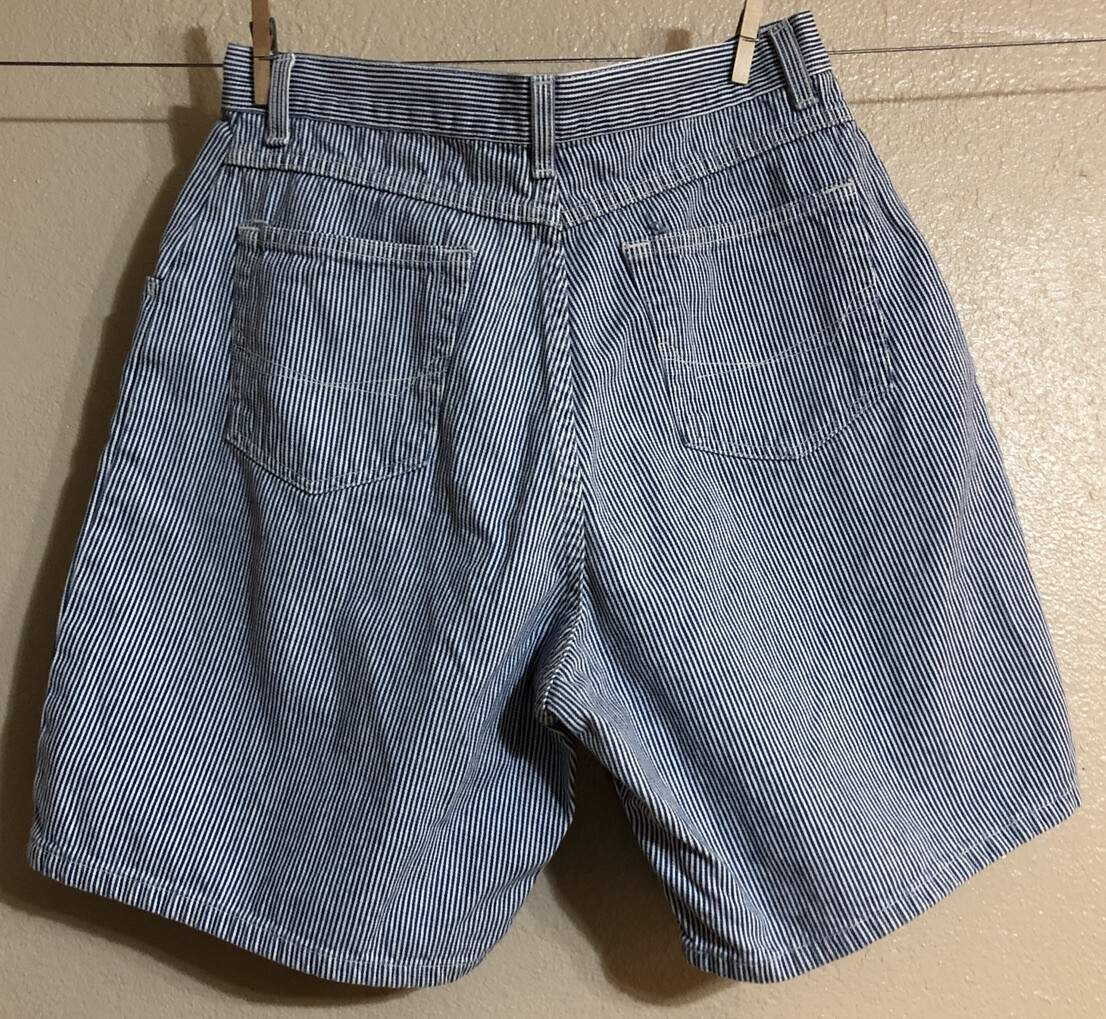 Chic Womens 12 High Waisted Mom Shorts Striped Blue White Denim Jean Pleated