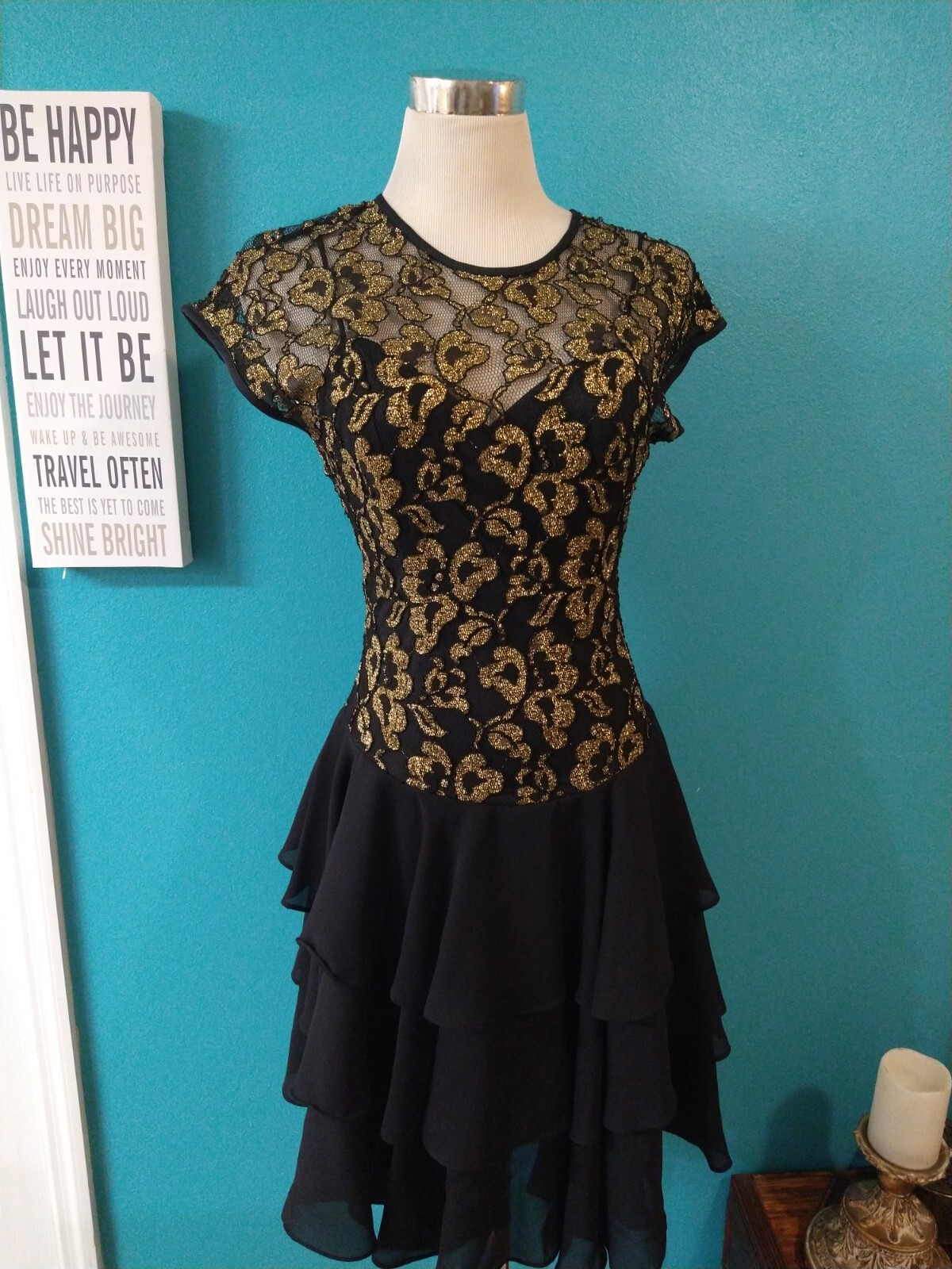 VINTAGE Tiered Party Dress Sheer Gold and Black Lace Floral Late Edition Ltd.