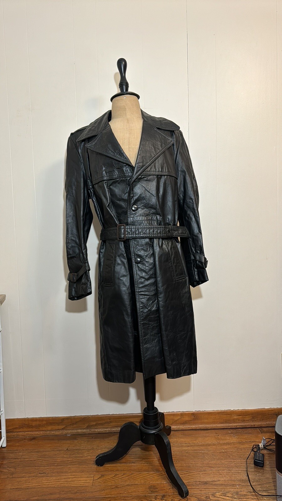 Leather Coat Made In Argentina Vintage Long Trench Black Lined Mob Wife Med