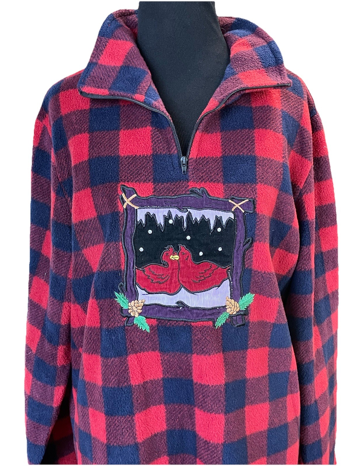 Quacker Factory Buffalo Plaid Fleece Quarter Zip Pullover Bird Embroidered M VTG