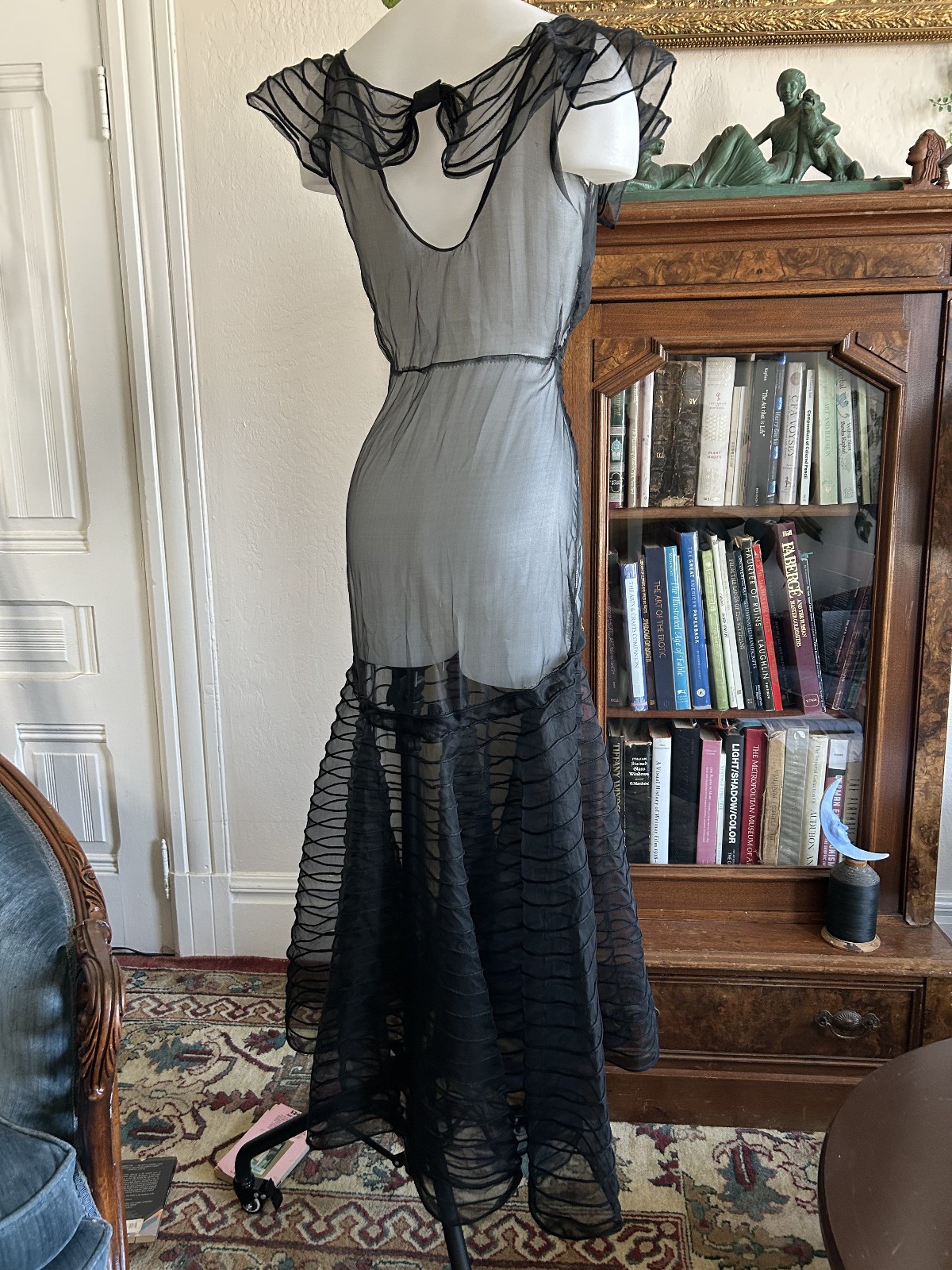 Vintage 1930s Sheer Black Mesh Net Gown Dress Bolero Set Bias Cut Deco Maxi S/M