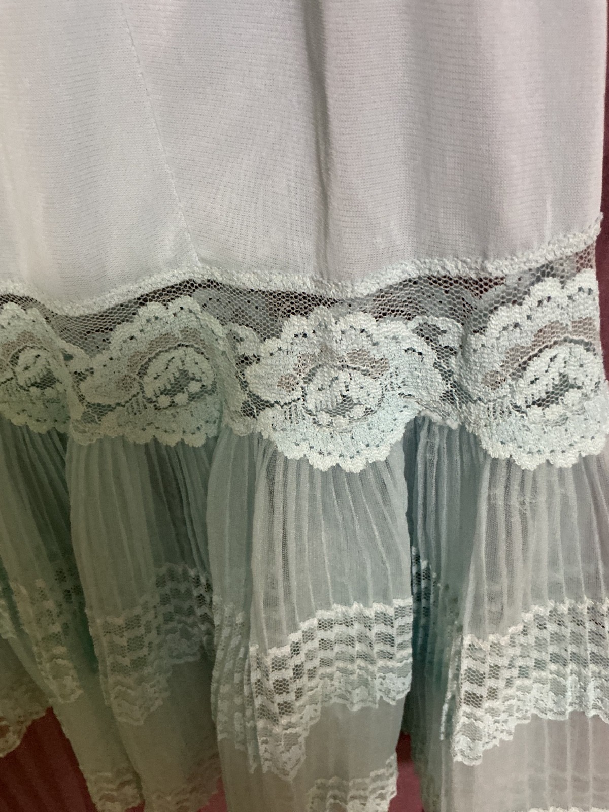 VINTAGE NUN FLOWER ORIGINALS PALE BLUE NYLON HALF SLIP 9” PLEATED LACE RUFFLE