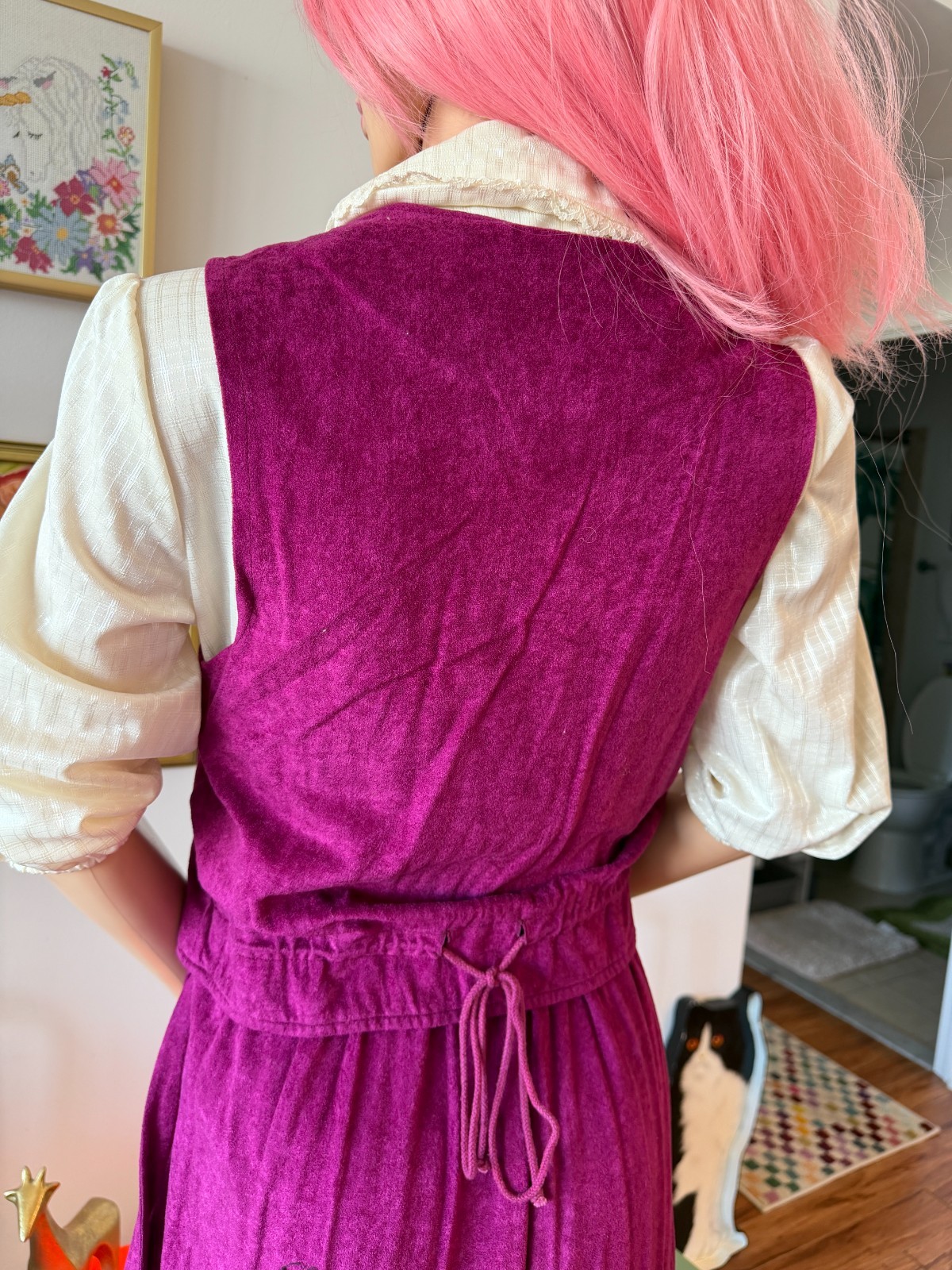 🍷 Vtg 70s Faux Suede Plum Vest Skirt Set Sheer Lace Blouse 3pc M Dress