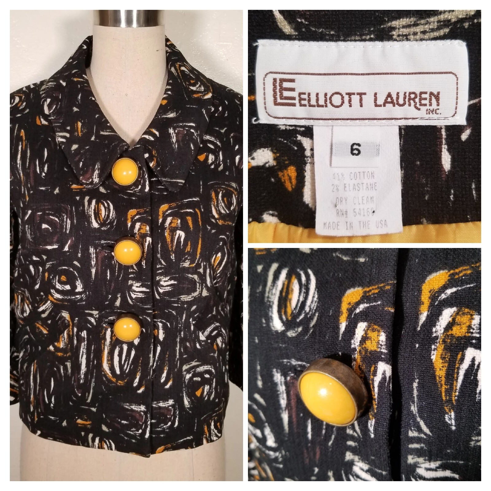 Vintage 6 Elliott Lauren Black and Yellow Cropped Blazer Jacket Mod 60s Style A6