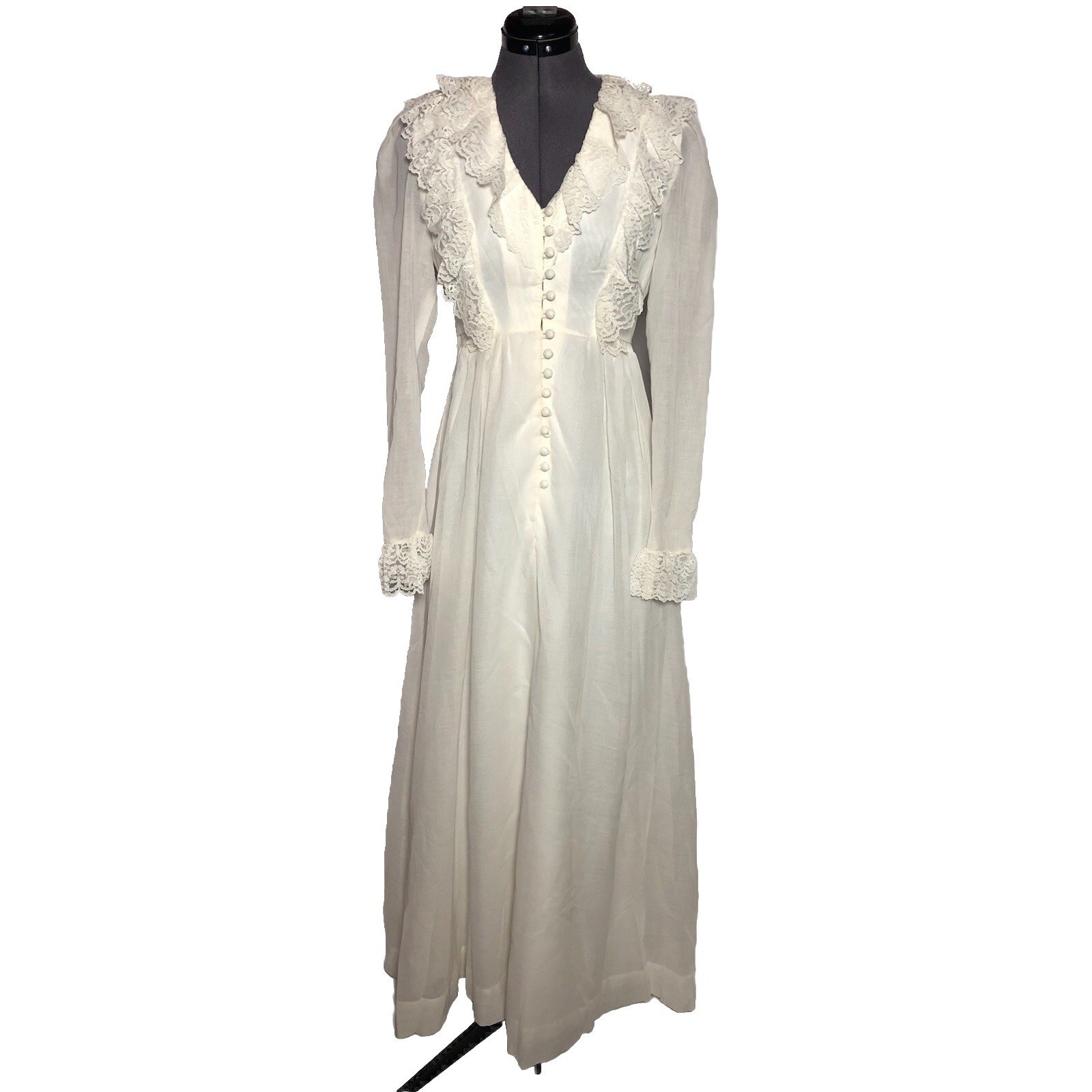 Vtg 70s Candi Jones California prairie wedding dress + lace veil 36-32-42
