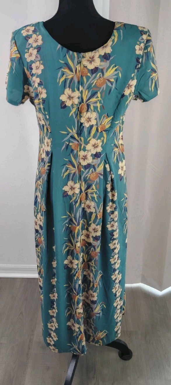 VTG Iolani Hawaiian Muumuu Maxi Dress M Teal Floral Rayon Pleated Filigree…