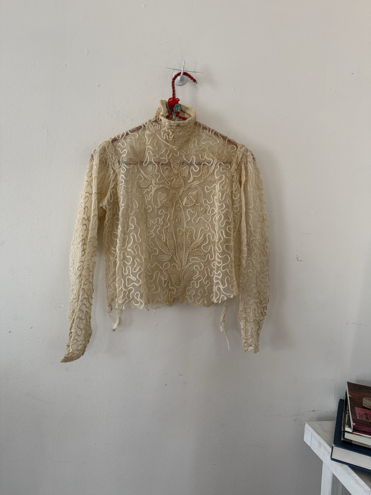 Antique Sheer Net Lace Blouse Top Cord Soutache Embroidery Art Nouveau Bridal XS
