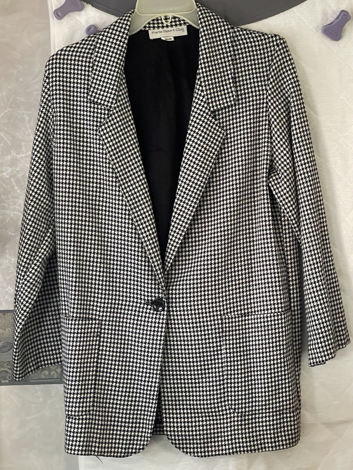 Women’s Paris Sport Club Vintage Houndstooth Black & White Blazer Sz Med USA