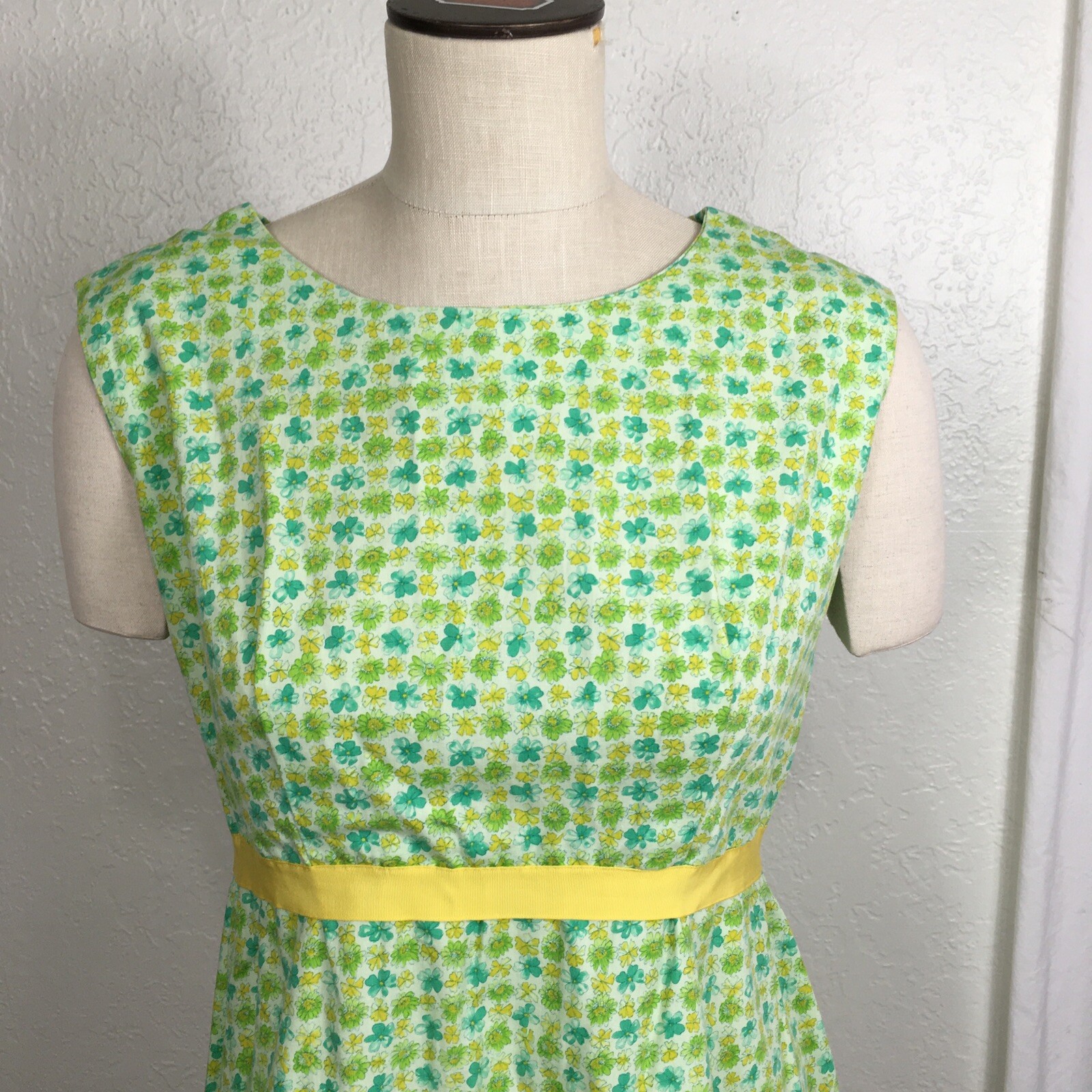 Vintage 1970 Handmade Dress Green Yellow Floral Ribbon Waistband Sleeveless 12