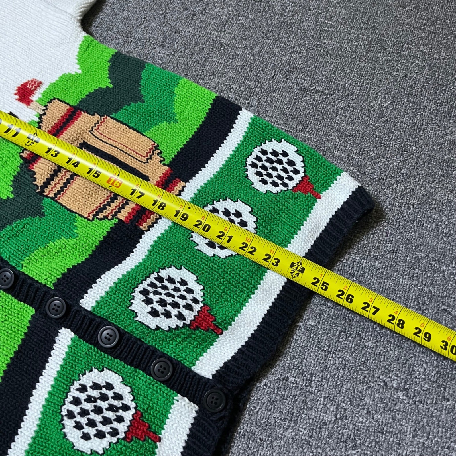 Vintage Andina Golf Cardigan Sweater XL White Green Knit Intarsia Cotton 90s