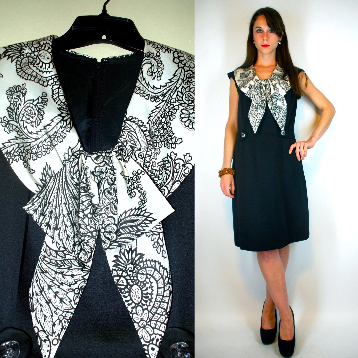 Vintage 60s Mod Black & White Scarf Silk Dupioni Shift Dress Mid Century Office