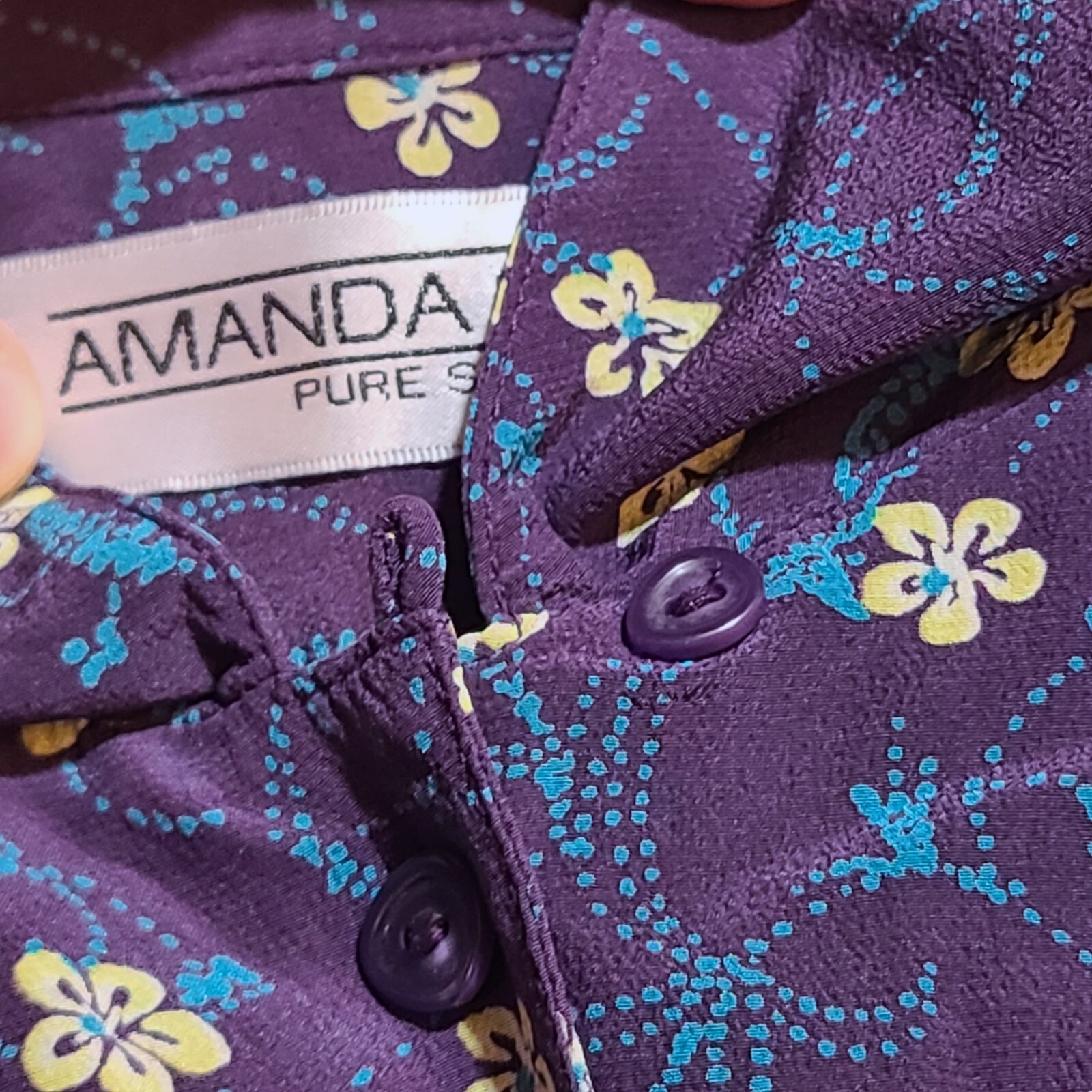 Vintage Amanda Smith Pure Silk Purple Blue Yellow Flowal Shirt Size 14