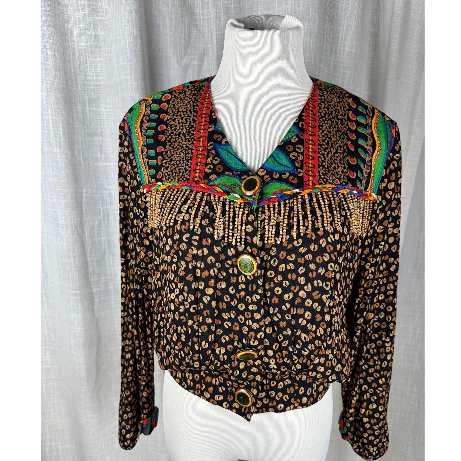 Carole Little Petites Vintage 90s Beaded Leopard Tropical Rayon Gauze Jacket 6