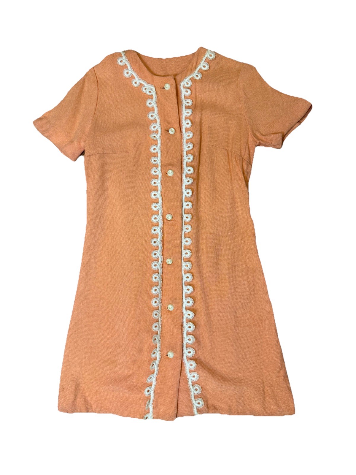 Vintage 70s Peach Soft Orange Short Sleeve Dress with White Appliqué Button SM