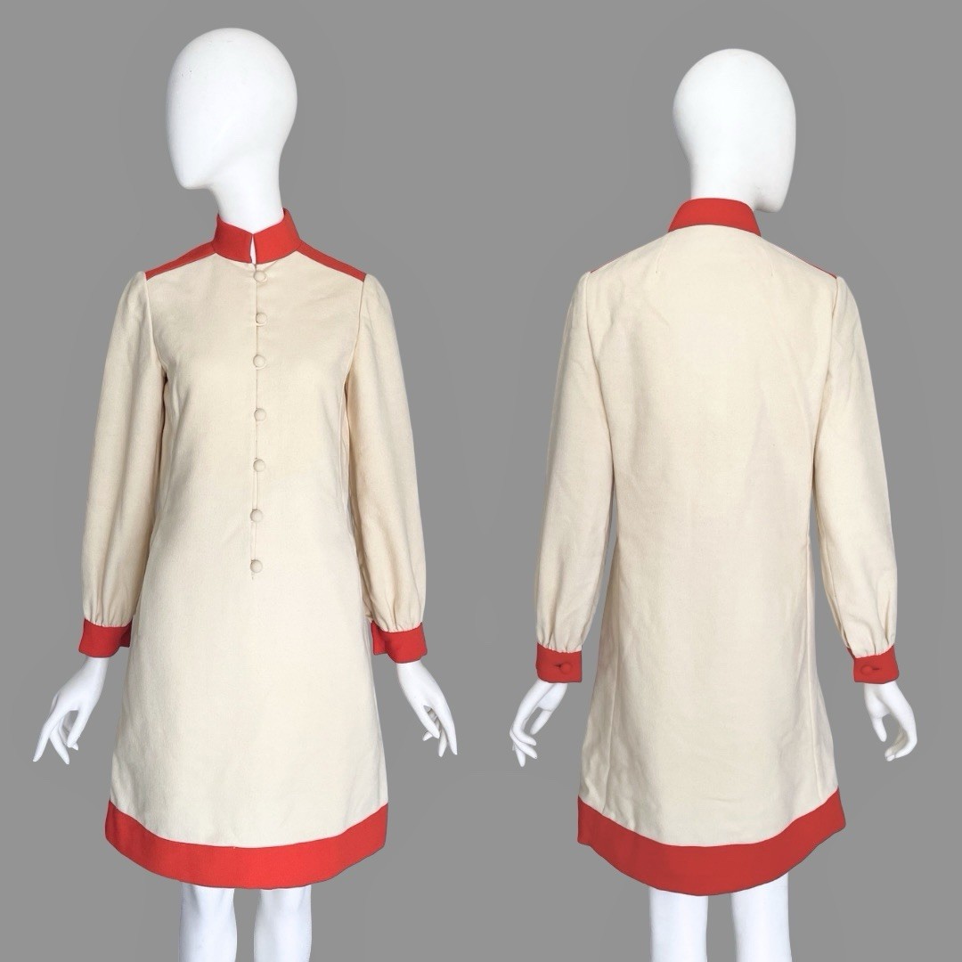 Geoffrey Beene Vintage 1960s Cream Bright Orange High Neck Dress Size Small