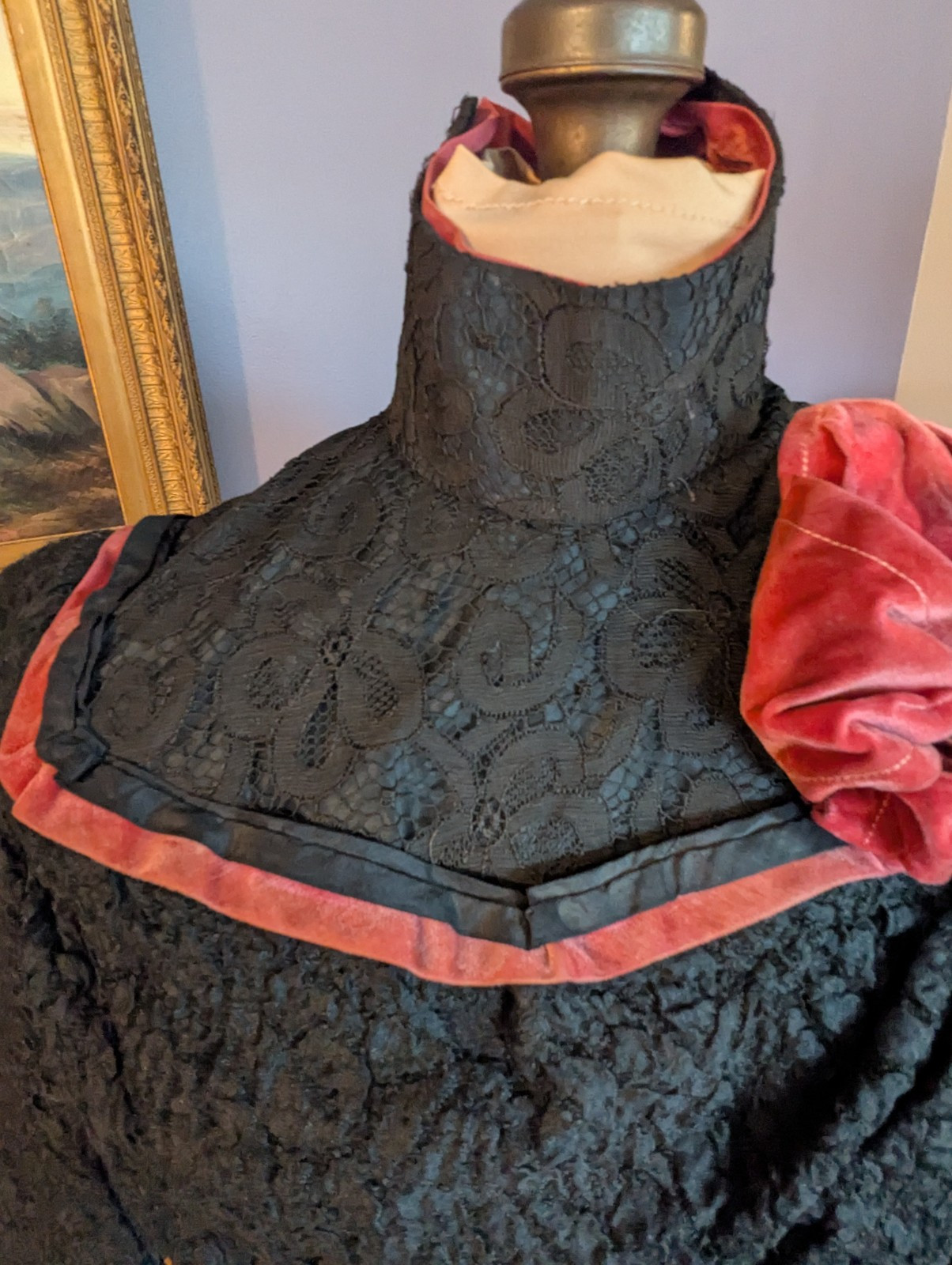 Antique Victorian Edwardian ca 1890’s – 1900 2 Piece Dress Velvet Rose and Trim