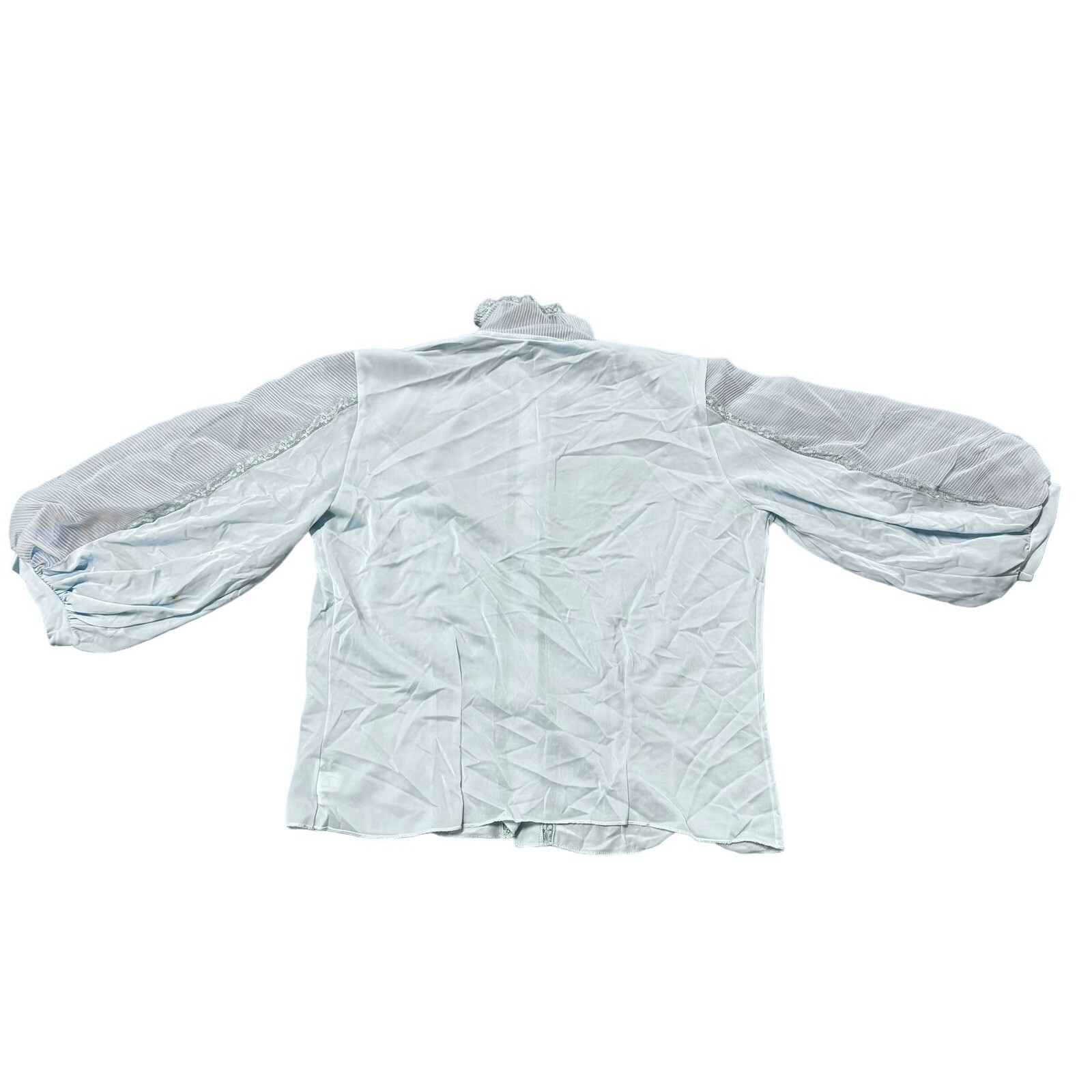 Vtg 1960s Lee Mar California Light Blue Inset Lace Balloon Sleeve Nylon Blouse