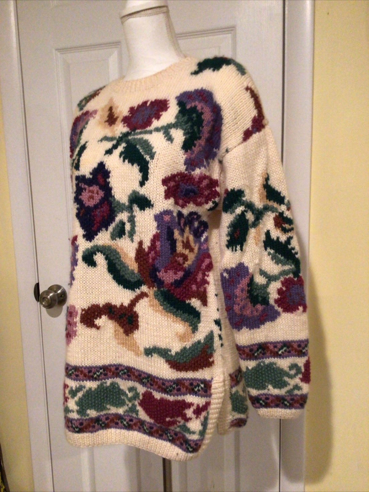 VTG Women’s Norm Thompson Wool Knit Floral Pattern Sweater Sz S Cream Pullover