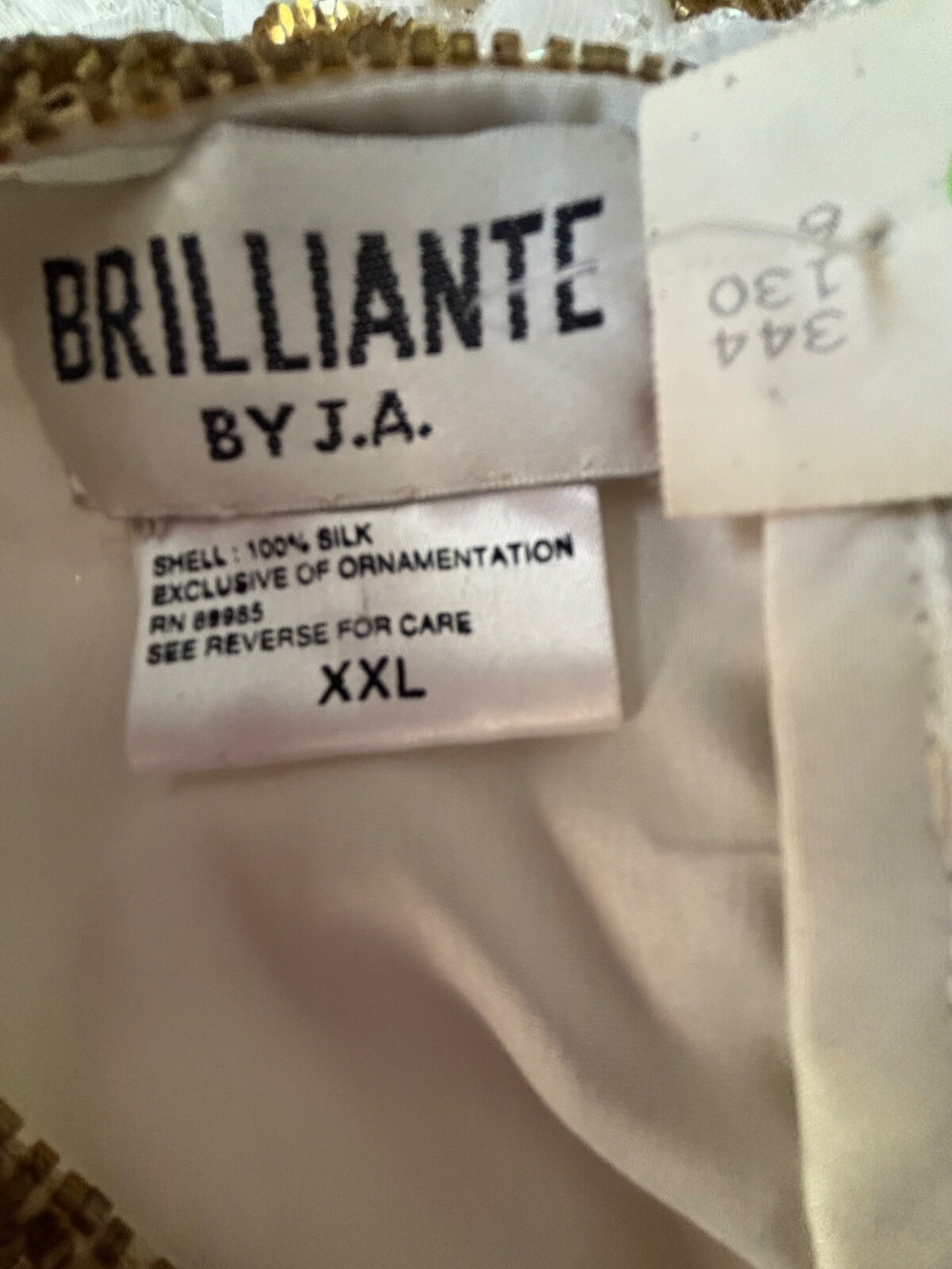 Vintage Brilliante by J.A. 100% Silk White and Gold Beaded Dress-XXL