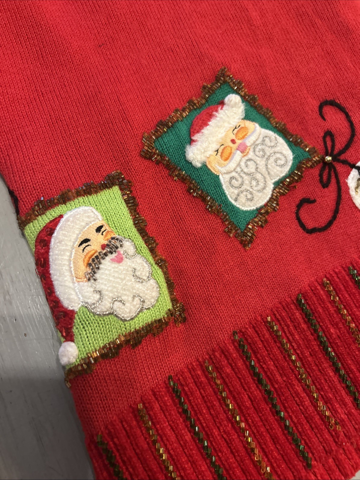 Berek Red Green Christmas Santa Reindeer Gift Tags Beaded Pom Poms Cardigan Sz M