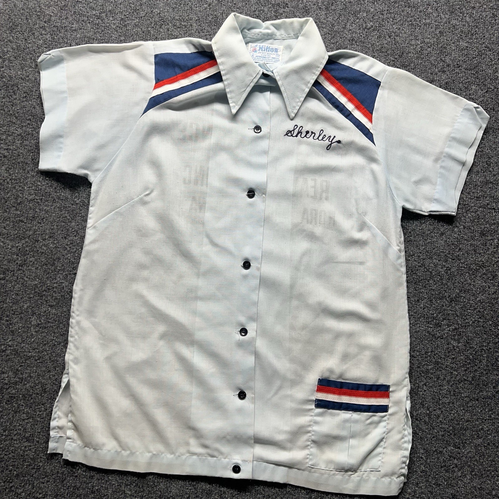 Vintage 60s Womens Bowling Shirt Blue Hilton Chainstitch Felt Iowa Button Vtg 34