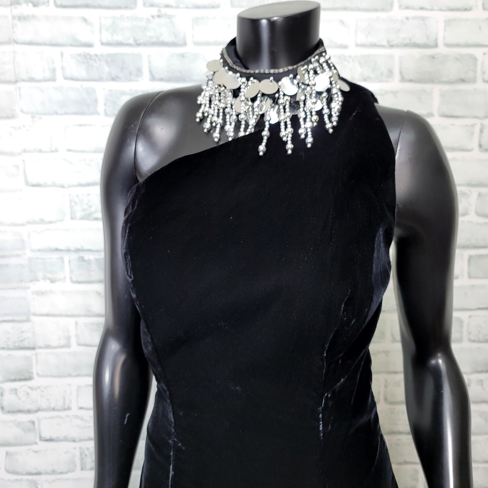 Vintage 90s Karen Okada Climax Black Velvet One Shoulder Maxi Gown Beaded Collar