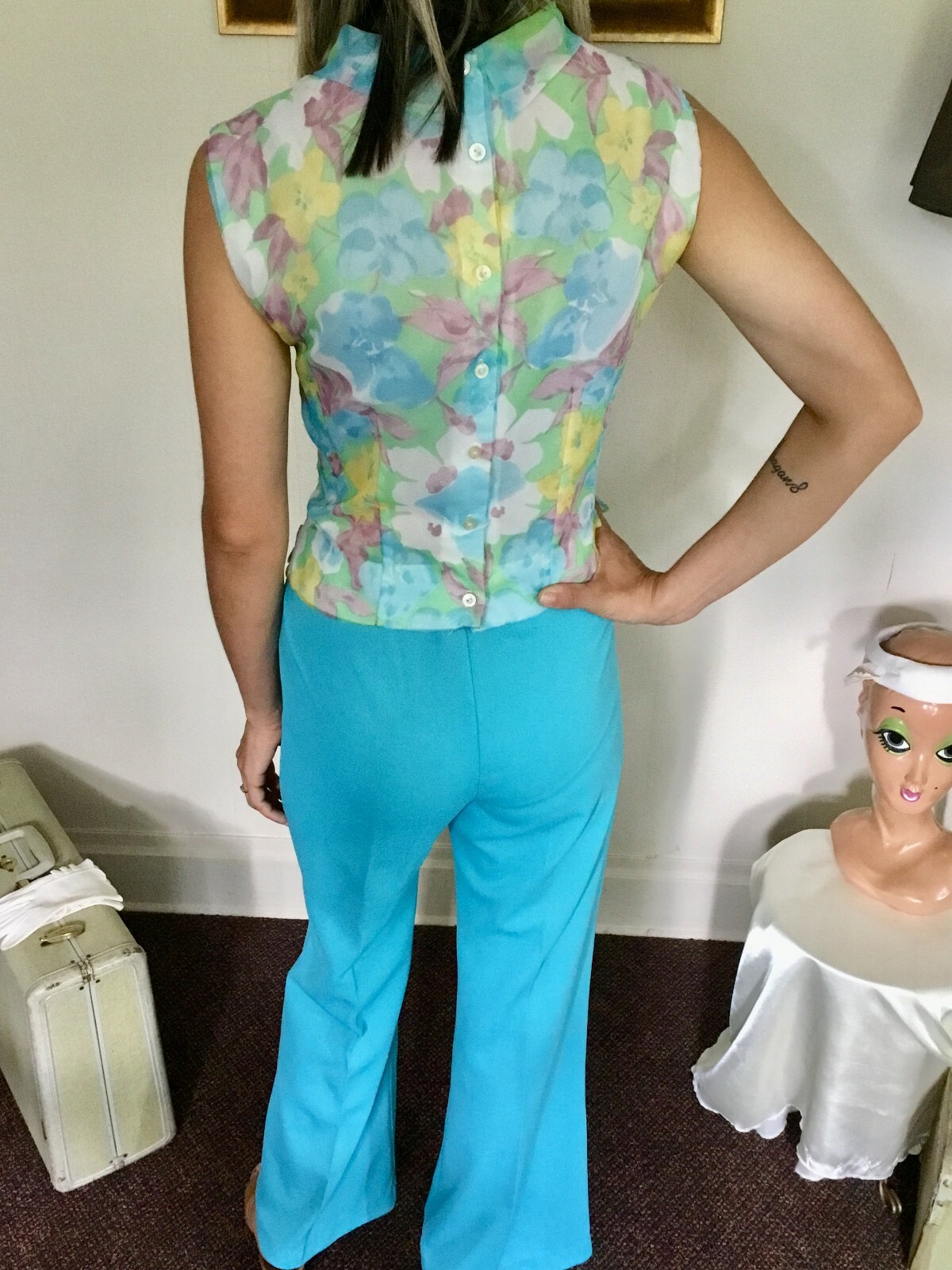 50’s Vintage Pastel Multi-Color Mod Sleeveless Back Button “Jane Holly” Blouse