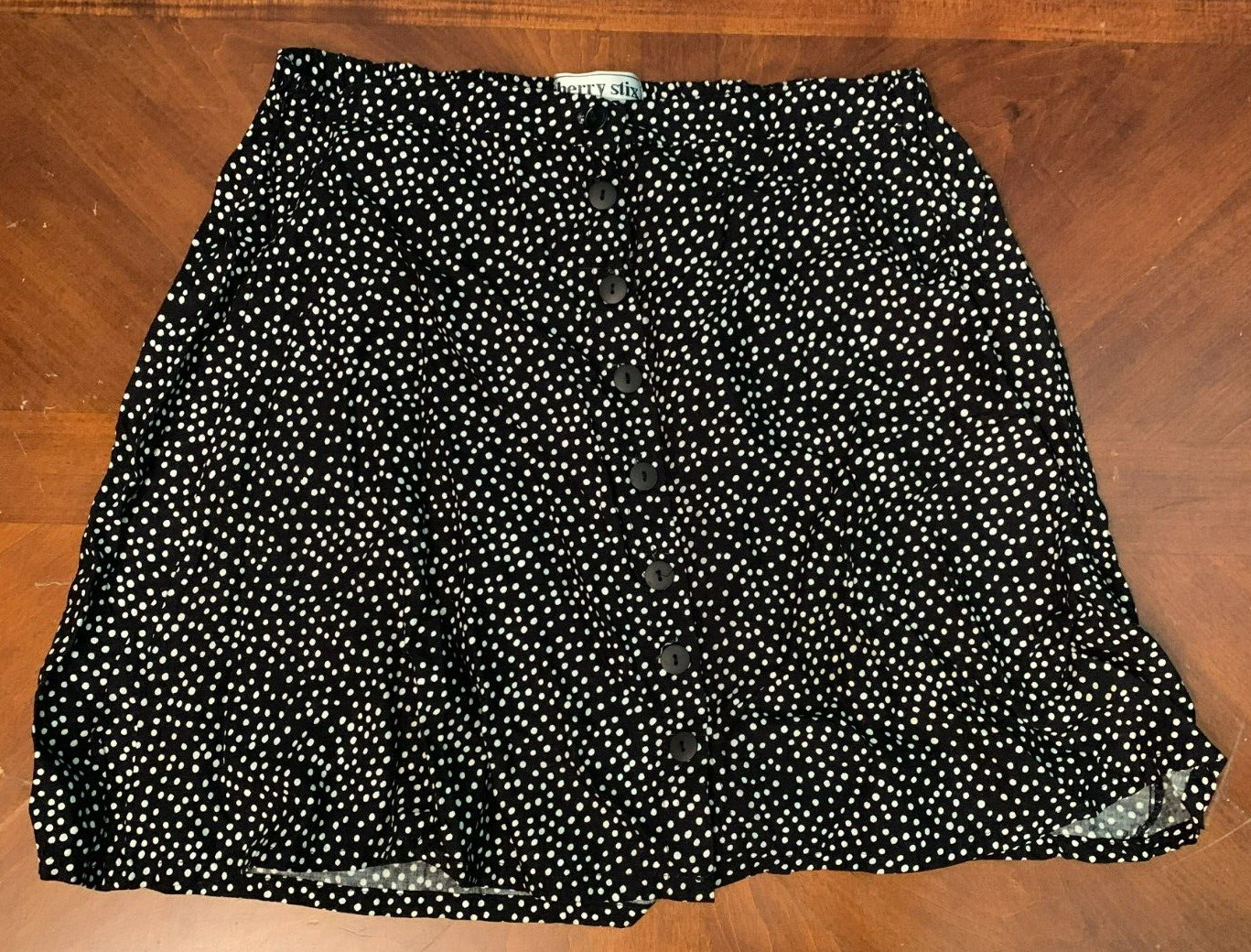 Vintage 1980’s Cherry Stix 100% Rayon Button Front Polka Dot Skirt -Large, Black