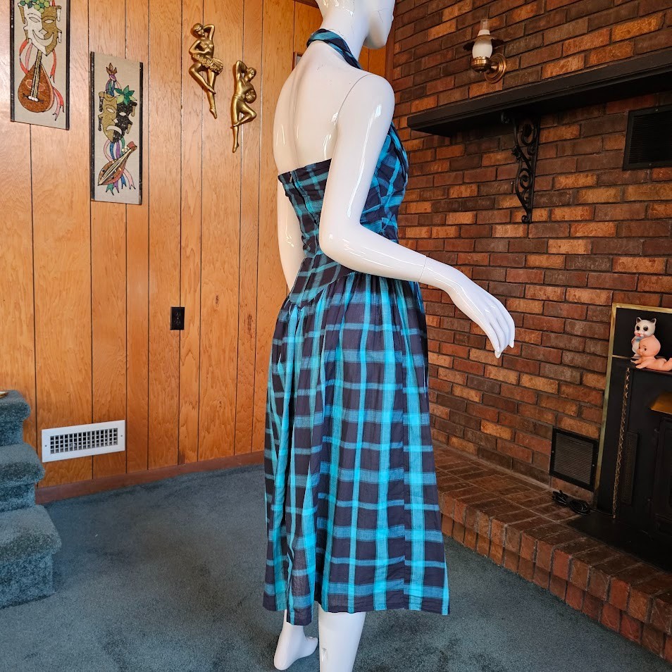 Vtg 1950s Shelf Bust Halter Windowpane Plaid Rockabilly Sundress Day Dress XS/S