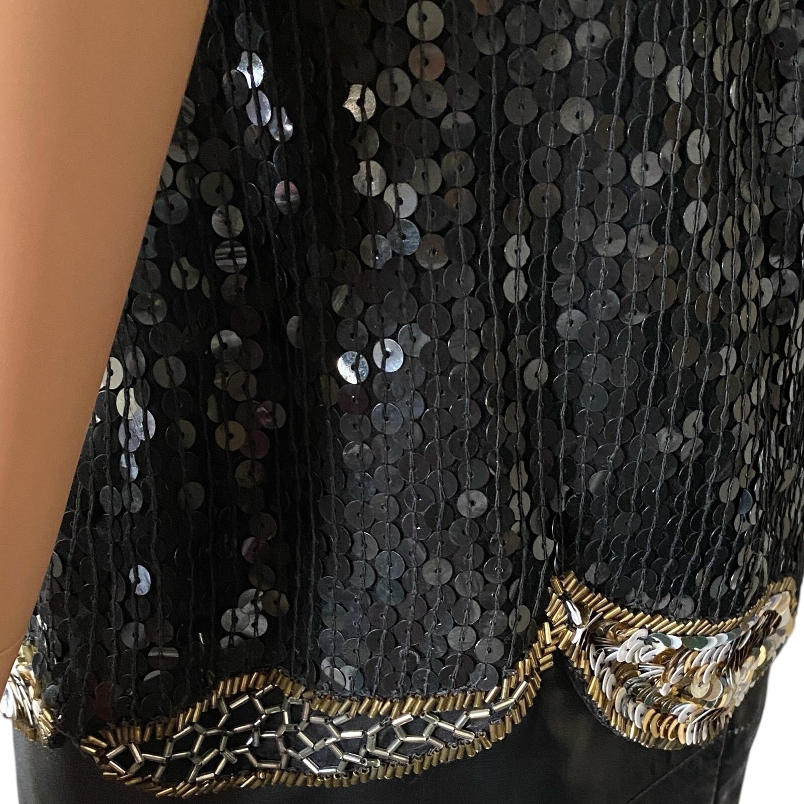 80s Sequin Beaded 100% Silk Black Gold Top Evening Sz S VTG Glamorous Party