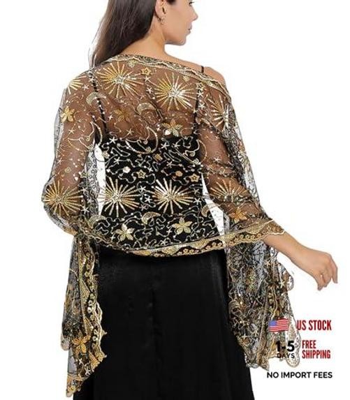 Women shawls and wraps for evening dresses, Sequin Sheer Lace Black Gold